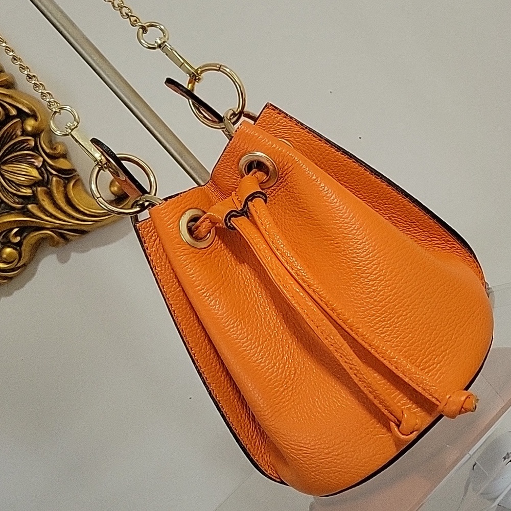 REAL LEATHER Orange Pebble Leather Hobo Bucket Bag - Picture 3 of 12